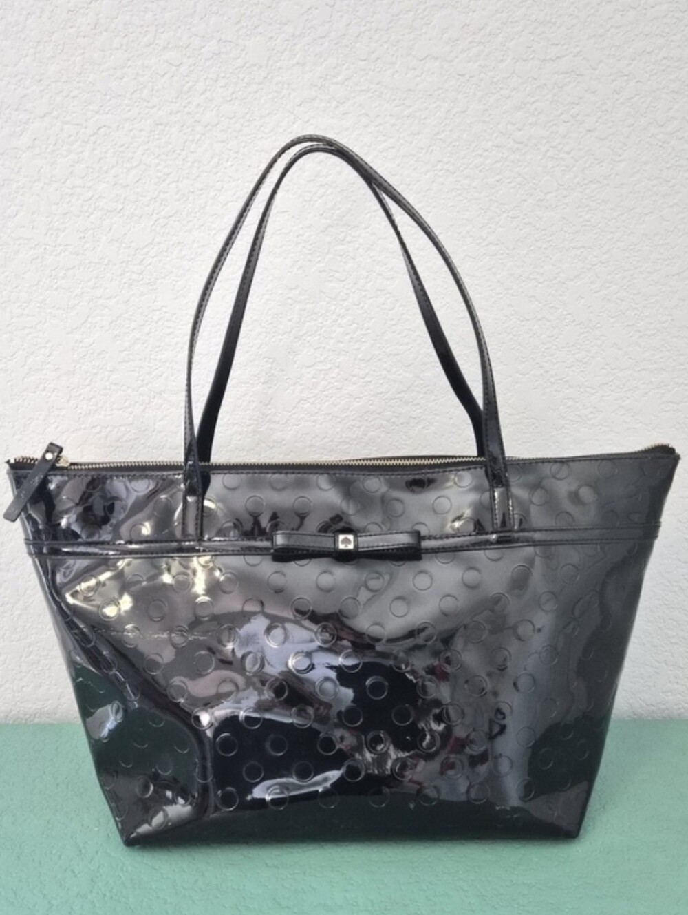 Kate Spade Black Patent Bow Tote Embossed Polka Dot Shoulder Tote